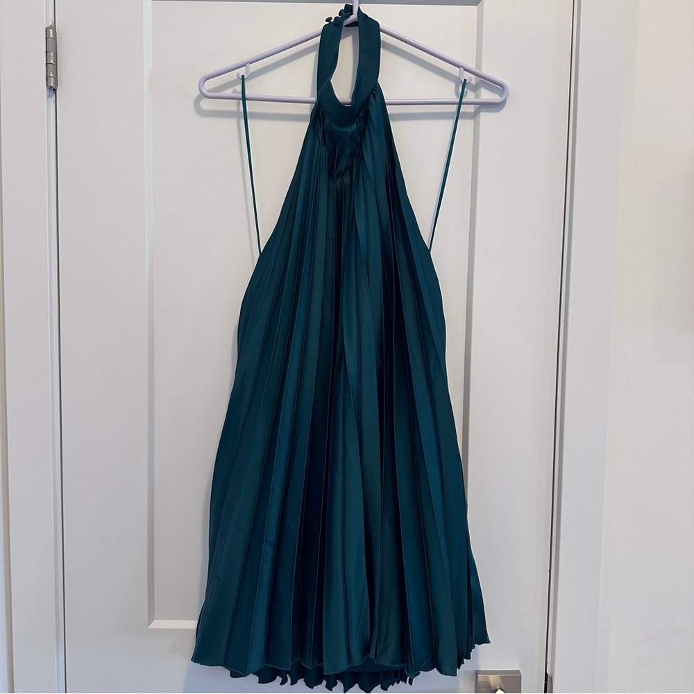 Abercrombie & Fitch Green Giselle Pleated Trapeze Halter Mini Dress Size MP - Picture 2 of 13